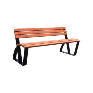 The ergonomic Athena bench seat from Park Supplies & Playgrounds, designed with a curved backrest for comfort. The seat and back are made of durable timber, complemented by a sturdy and stylish black steel base. Available across New Zealand.