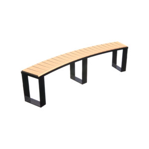 The stylish Concavo bench seat, ideal for creating inviting seating areas in New Zealand parks and playgrounds. Its unique curved design features a natural timber slatted surface and robust black steel legs. Available from Park Supplies & Playgrounds.