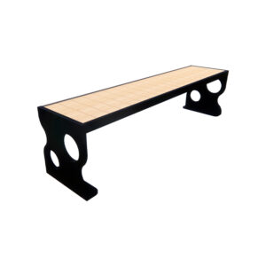 The stylish Pankos outdoor bench seat, available from Park Supplies & Playgrounds. The bench features a timber seating surface and two distinctive black legs with circular cutouts. Perfect for New Zealand parks and playgrounds.