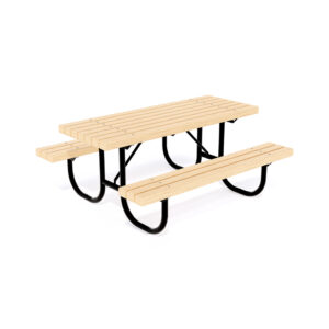 The Picnic Table from Park Supplies & Playgrounds, with a timber top and two benches, all on a black metal frame.