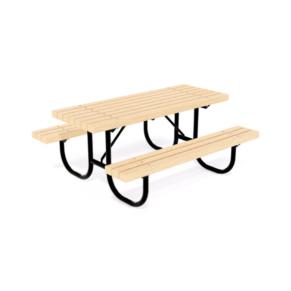 The Picnic Table from Park Supplies & Playgrounds, with a timber top and two benches, all on a black metal frame.