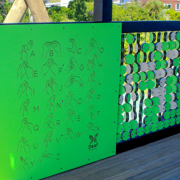Close-up of a bright green Sign Language Alphabet Panel, a sensory playground item developed by Park Supplies & Playgrounds together with with Deaf Aotearoa, showing hand signs for each letter.