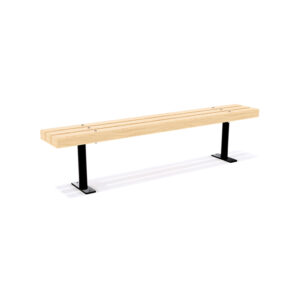 The Stylex bench seat, a durable and simple outdoor bench seat from Park Supplies & Playgrounds. Perfect for playgrounds, parks, and recreational areas across New Zealand. The bench has a natural wood finish and a sturdy black base.