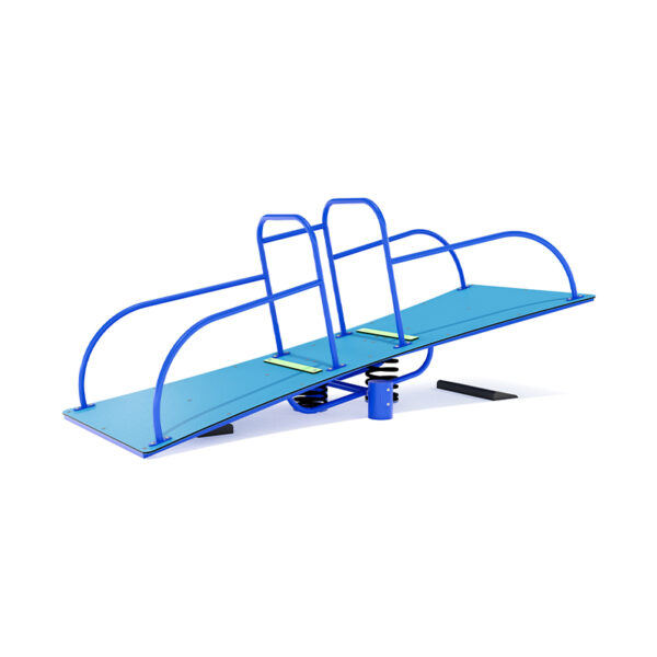 Side view of the Wheelchair Accessible Seesaw from Park Supplies & Playgrounds in New Zealand. The seesaw is a bright blue colour with a wide platform for wheelchairs and includes a central pivot point for smooth movement.