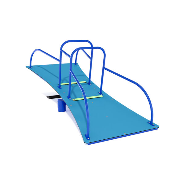 The Wheelchair Accessible Seesaw from Park Supplies & Playgrounds in New Zealand. The seesaw is a bright blue colour with a wide platform for wheelchairs and includes a central pivot point for smooth movement.