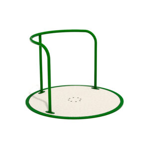 View of the Wheelchair Mini Carousel from Park Supplies & Playgrounds in New Zealand, featuring a textured base, a single handrail, and a central rotating mechanism.