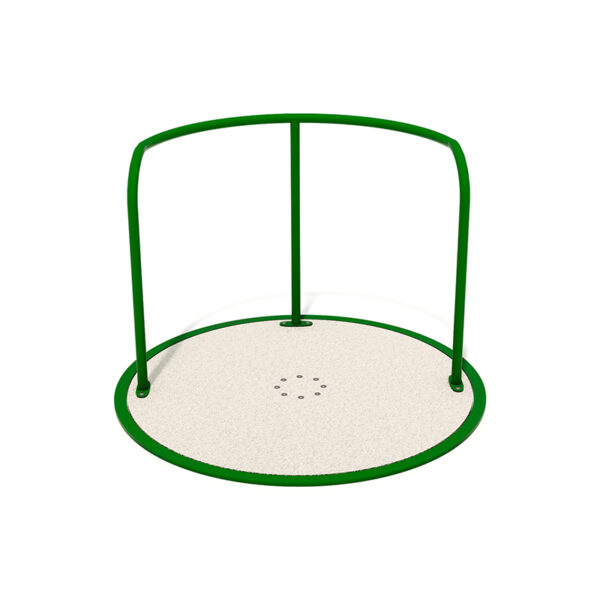 Top view of the Wheelchair Mini Carousel from Park Supplies & Playgrounds in New Zealand, featuring a textured base, a single handrail, and a central rotating mechanism.